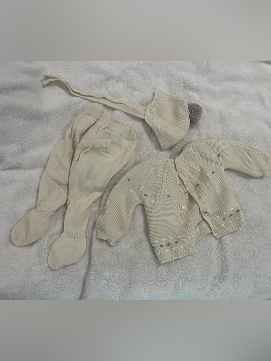 Other - Cream Knit Baby Three-Piece Sweater Set with Bonnet Hat - 1 month